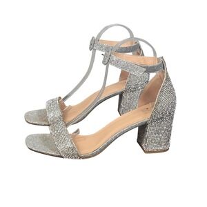 Sparkly Rhinestone Block Heel Sandals Silver Ankle Strap Women's Size 8.5